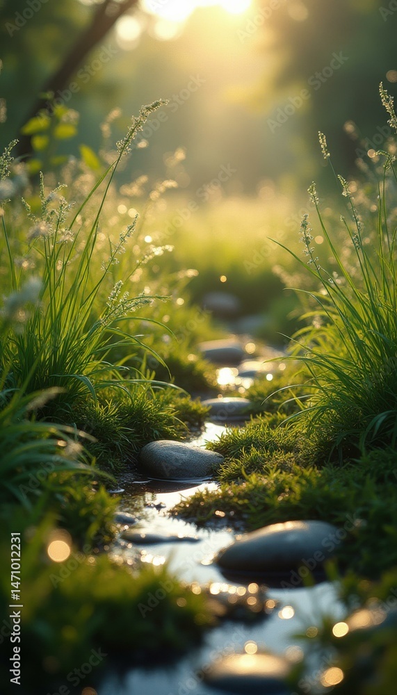 Aufkleber Serene forest stream with sunlight filtering through trees