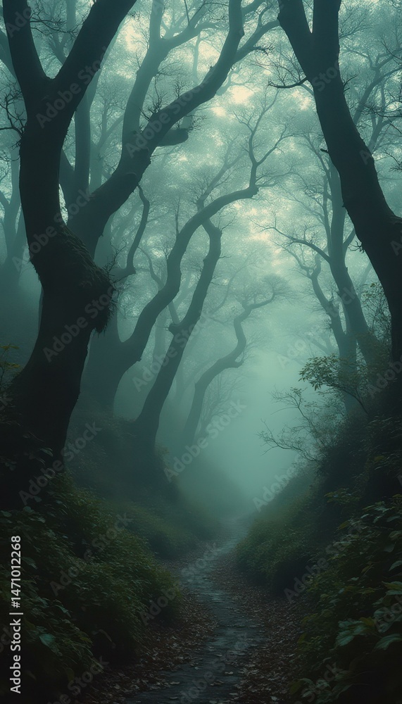 Poster misty forest path surrounded by tall trees in eerie atmosphere