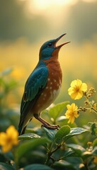 Fototapeta premium Bird singing among vibrant yellow flowers in garden