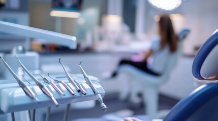 Fototapeta premium Dental clinic scene with tools, patient, and bright environment