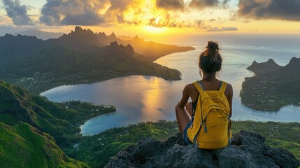 Sunset vista from mountaintop.  Traveler sits in contemplation
