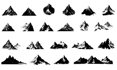 Fototapeta premium Mountains travel Logo silhouette Black vector icons set and White background 