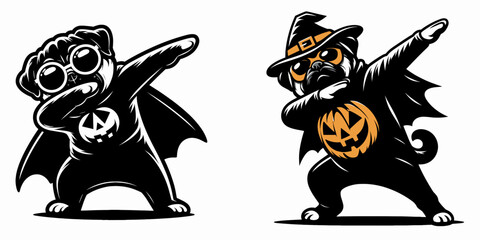 Pug Dog wear halloween costume and pose dabbing. Cartoon clipart vector draw illustration. Canine festive garb spooky dress-up comical gesture trick or treat pet.