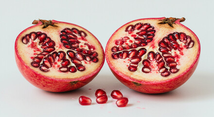 Halved pomegranate showcasing juicy arils on a clean white background closeup