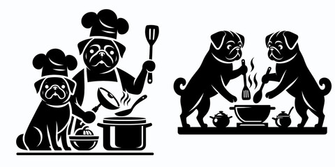 Pug Dog Cooking together. Cartoon clipart vector draw illustration. Canine baker preparation petite hound in culinary venture at habitation.