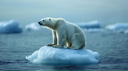 A polar bear stranded on a small piece of melting ice in the Arctic 