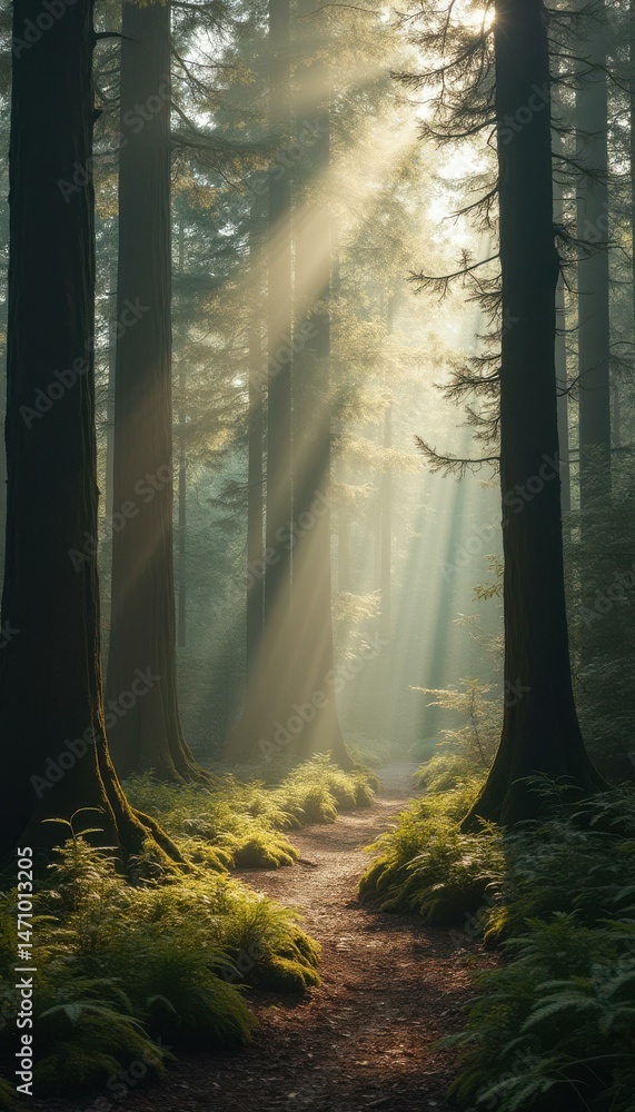 Poster sunbeams filtering through trees along a peaceful forest path