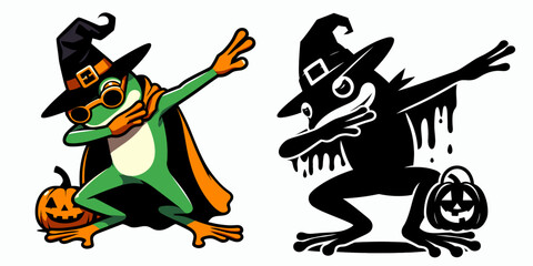 Frog wear halloween costume and pose dabbing. Cartoon clipart vector draw illustration. Amphibian donning festivity attire doing signature dance action.