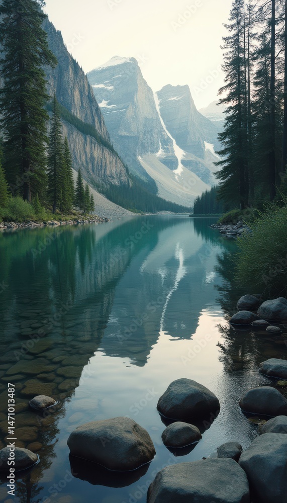 Aufkleber serene mountain lake surrounded by trees and rocks in daytime