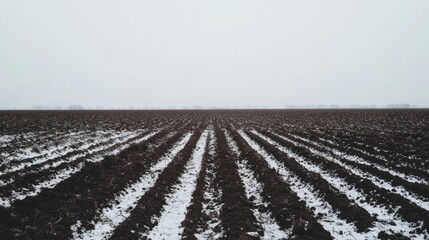 Obraz premium Plowed field covered in light snow. Wide view. Possible use Background for nature or winter themes