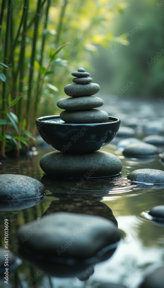Poster serene stack of stones reflecting in garden stream