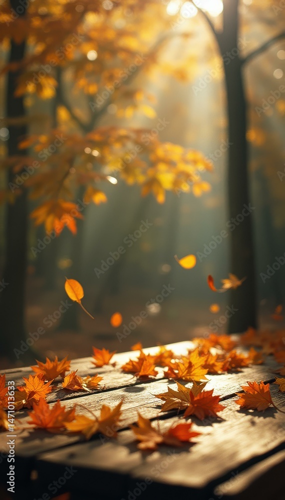 Aufkleber falling maple leaves on rustic wooden table in autumn forest