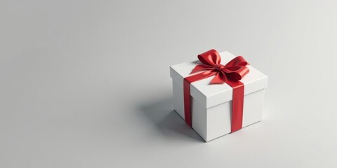 Fototapeta premium A pristine white gift box adorned with a vibrant red ribbon, a symbol of celebration and thoughtful presentation.