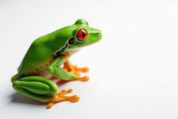 Obraz premium Green tree frog perched on white, vibrant details, amphibian photography, photography, white background