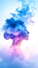 Surreal female profile with cosmic brain illustration. Concept of mental healthness, imagination, mindfulness, creativity, consciousness. Ideal for wellness, meditations. Ai Generated