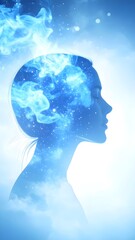 Obraz premium Surreal female profile with cosmic brain illustration. Concept of mental healthness, imagination, mindfulness, creativity, consciousness. Ideal for wellness, meditations. Ai Generated