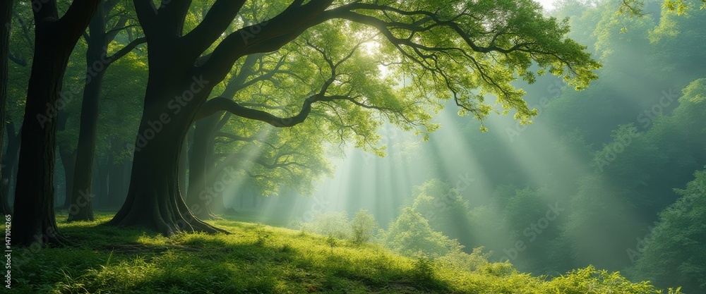Poster sunbeams filtering through serene forest of tall trees