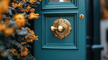 Teal door with ornate gold handle and festive garland