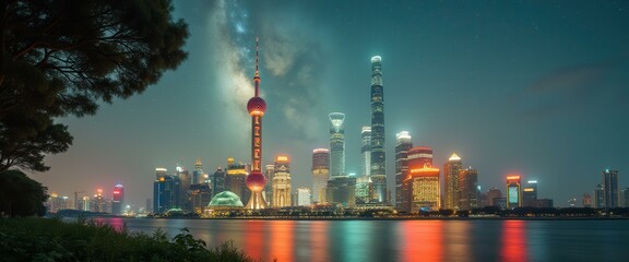 Illuminated Shanghai skyline at night with Milky Way view
