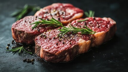 Three seasoned steaks arranged on a dark surface.