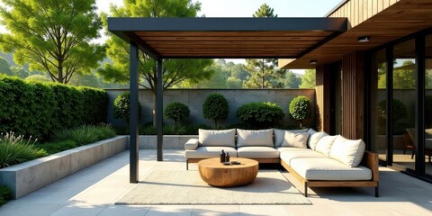 Fototapeta premium Modern Outdoor Patio Design Featuring a Sectional Sofa and Wooden Coffee Table Under a Pergola