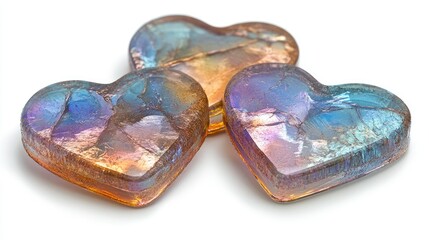 Three heart-shaped, iridescent glass gems
