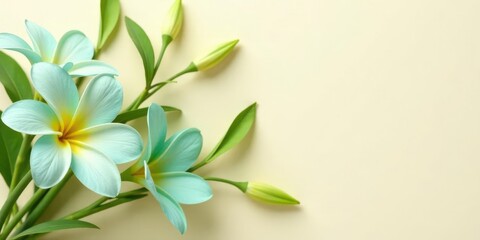 Obraz premium Pastel Blue Flowers on a Soft Yellow Background A Delicate Floral Arrangement Perfect for Springtime Designs and Greeting Cards