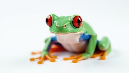 Obraz premium Single red-eyed tree frog on plain white, sharp focus, single, red eyes, exotic