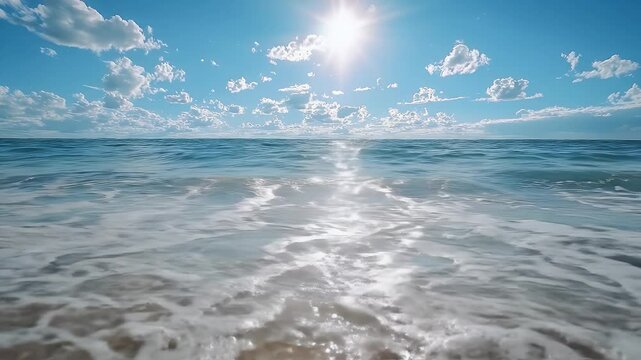 Ocean Wave Splashing Under Sunny Blue Sky With White Clouds Natural Background Wave Action With Blue Water And White Wave Foam At Horizon Under Bright Sun