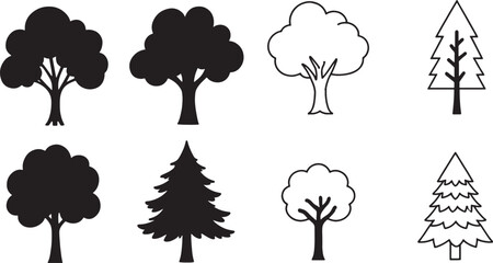 set of trees silhouettes, Trees of different natural zones, vector illustration, Vector trees illustrations. 