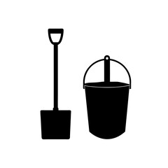 shovel and pail silhouette on white background