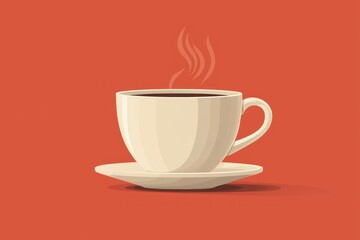 Fototapeta premium Steaming cup of coffee, in white cup and saucer against an orange background
