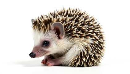 Obraz premium Tiny hedgehog, curled in a ball, isolated on pure white background, brown, european hedgehog, domestic