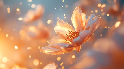 Fototapeta premium A captivating image showcases delicate, luminous flowers floating amidst a warm golden sunset glow, with sparkling particles enhancing the ethereal