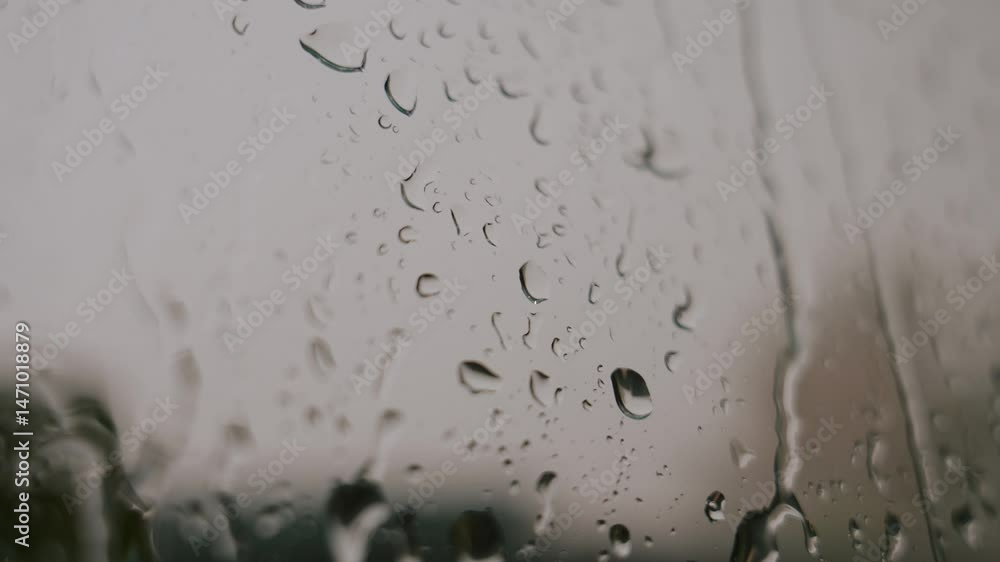 Poster a beautiful view from behind a window on a rainy day with lightning, where raindrops hit the glass-r