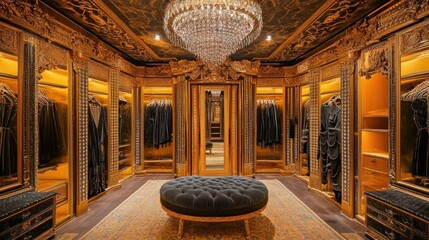 Luxurious walk-in closet with elegant decor and chandelier
