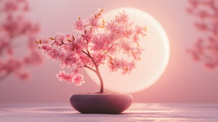 A delicate pink cherry blossom bonsai tree sits serenely before a large glowing sun or moon in a peaceful and tranquil scene.