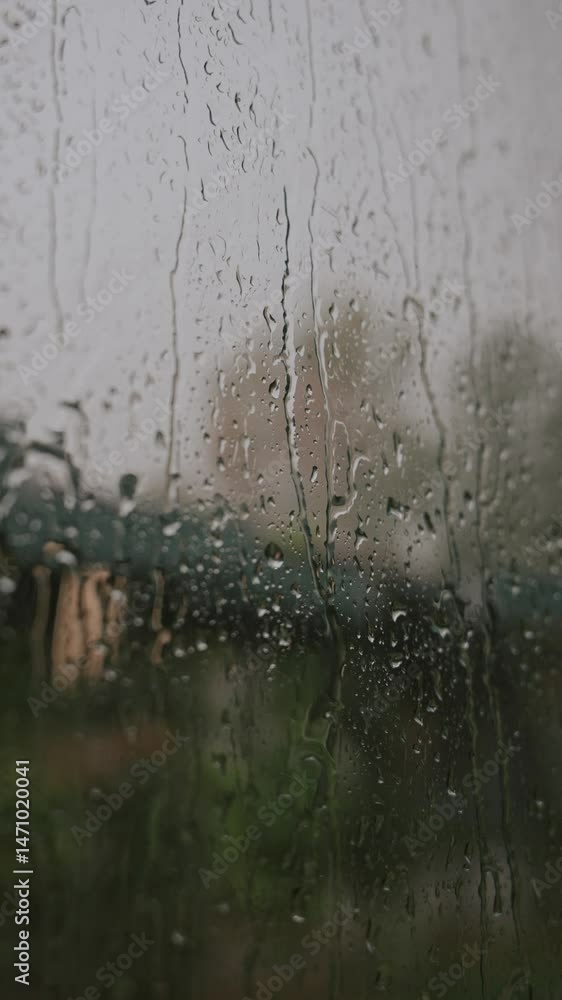 Poster a beautiful view from behind a window on a rainy day with lightning, where raindrops hit the glass-r