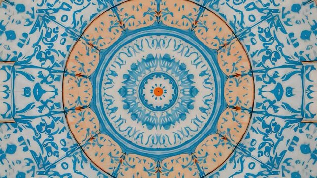Decorative circular pattern in blue and orange with geometric and floral motifs