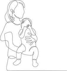 A mother holding her son in continuous line drawing style. Sketch of happy family in minimalist black lines isolated on white background. Vector illustration.