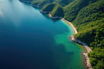 Obraz premium Abstract aerial view of lake's shoreline, intricate curves and inlets, shape, birdseye, shoreline