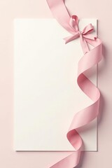Elegant Pink Ribbon Adorning Blank Notecard on Pale Background, Perfect for Invitation or Announcement Design