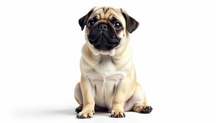 Fototapeta premium Adorable pug dog sitting, isolated on white background, face, one