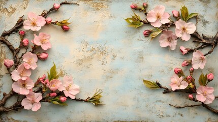 Delicate pink cherry blossoms arranged symmetrically on a rustic blue textured background create a lovely sp floral frame.