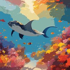 Fototapeta premium Manta Ray Among Coral Reefs in the Crystal Blue Waters, vector illustration