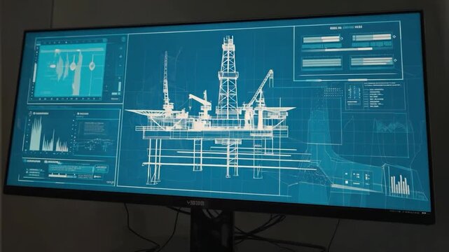 Detailed blueprint of an offshore oil rig displayed on a computer screen