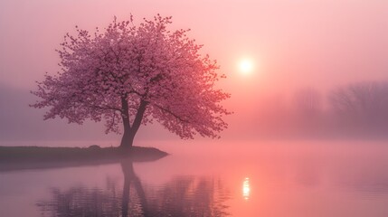 A serene pink sunrise illuminates a blossoming cherry tree reflected perfectly in a still misty lake at dawn.
