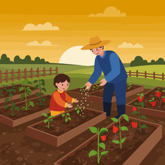 Gardening Together Father and Son Planting Seeds in Vegetable Garden