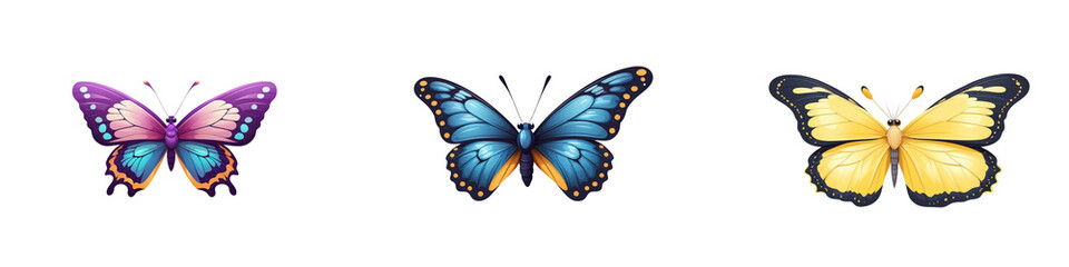 Cartoon butterfly set on transparent background. PNG. for easy use in vector art collections, apps, or animated projects.