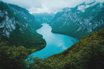 Serene mountain lake nestled in a valley. Lush green forests and towering peaks surround the tranquil blue waters